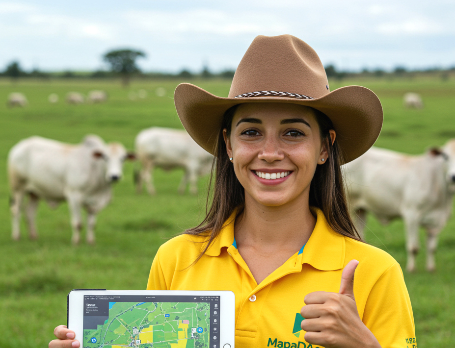 mulher fazendeira com chapeu segurando um iPad na frente de um rebanho de gado nelore no Brasil