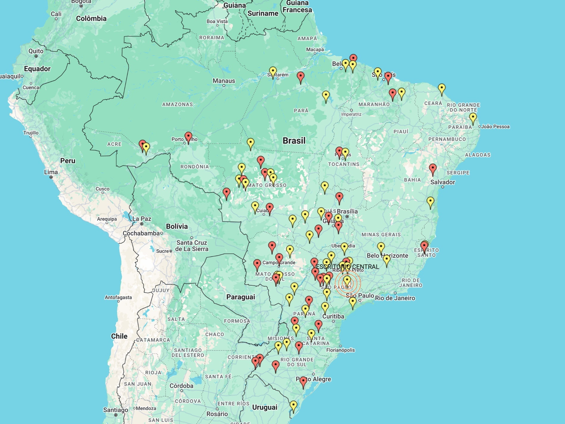 mapa do Brasil com marcadores indicando rede de revendedores, imagem feito no mapadoagro