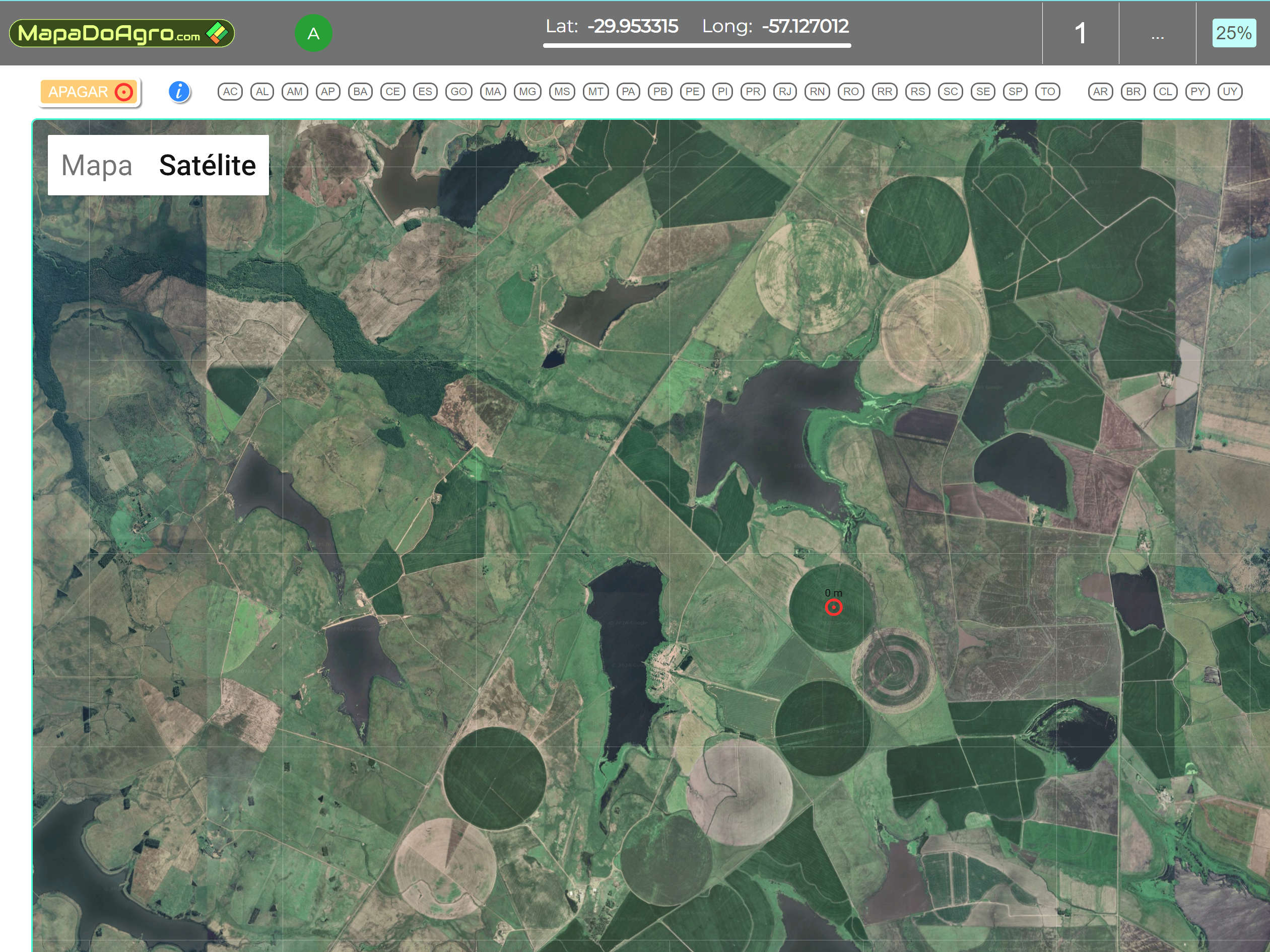 Imagem de satelite das lavouras proximas de Uruguaiana, Rio Grande do Sul, Brasil